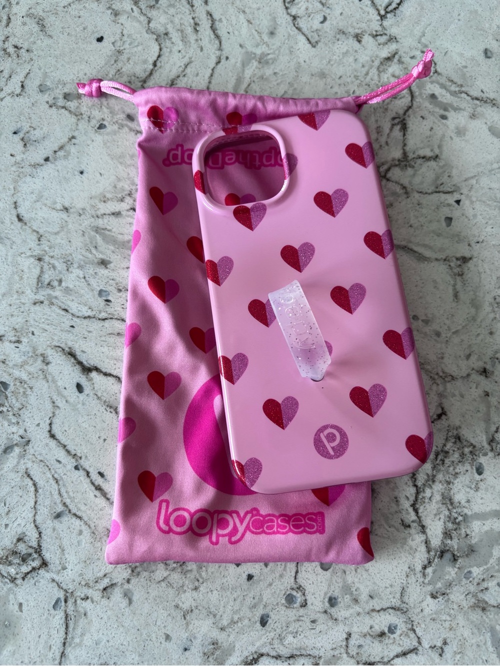 Loopy Case Pink Heart Pattern Phone Case with Loop and Matching Pouch